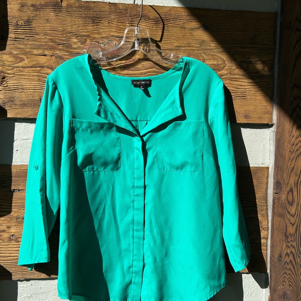 Willi Smith Teal Button-Down Blouse - Women's Top